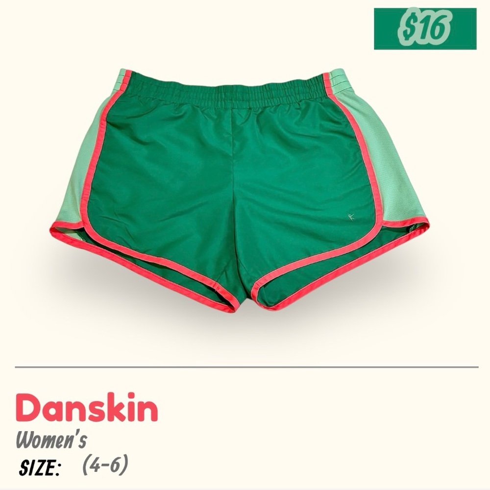 DANSKIN NOW GREEN ATHLETIC RUNNING SHORTS NEON TRIM SIZE S/CH (4-6)